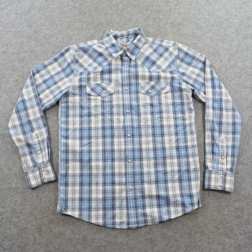 Blue Ranchwear Shirt Mens Medium Plaid Pearl Snap Western Long Sleeve Cotton